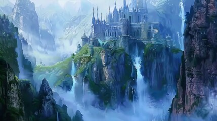Enchanted Castle on Cliff Overlooking Misty Valley Anime Background