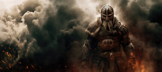 Viking Fury: Amidst the chaos of battle, a fearless Viking warrior, donned in formidable armor, strikes a commanding pose, surrounded by smoke and fierce flames, epitomizing Norse strength.

 - obrazy, fototapety, plakaty