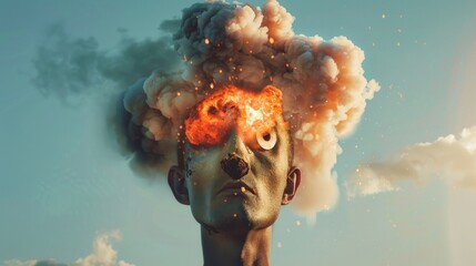 A vintage bomb shaped like a head, on the brink of explosion - obrazy, fototapety, plakaty
