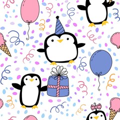 Birthday party animals seamless penguin pattern for wrapping paper and fabrics and kids print and summer print