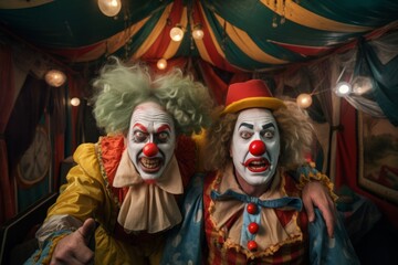 grotesque two clowns in circus. Masquerade and carnival concept. Vintage circus. Emotions and horror. Laugh, sarcasm and satire. Coulrophobia. - obrazy, fototapety, plakaty