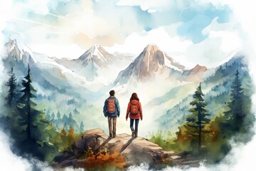 couple traveling and hiking with backpacks in mountains watercolor illustration. Backpackers tourists. Couples coals. Active lifestyle. - obrazy, fototapety, plakaty