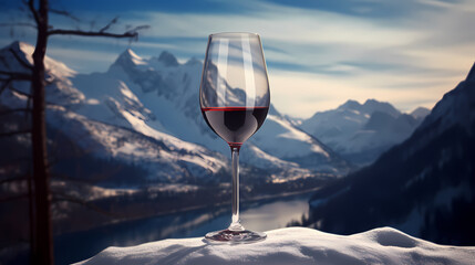 Close-up of a glass of red wine on a wooden table with blurred background - obrazy, fototapety, plakaty