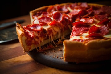 deep dish pizza pie closeup. Homemade American classic favorite comfort food. - obrazy, fototapety, plakaty