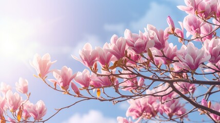 Blooming magnolia tree in the spring sun rays. Selective focus. Copy space. Easter, blossom spring, sunny woman day concept. Pink purple magnolia flowers in blue summer sky