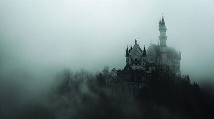 a dark castle looming in the mist - obrazy, fototapety, plakaty