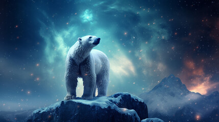 A majestic Polar Bear standing in a vast galaxy - obrazy, fototapety, plakaty