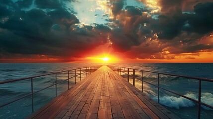 A long wooden pier with metal railings extends into the rippling seawater, creating a mesmerizing view against a backdrop of orange and black clouds floating in a blue sky during sunset - obrazy, fototapety, plakaty