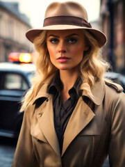 Diverse caucasian female Detective solving a crime, for mystery book cover.