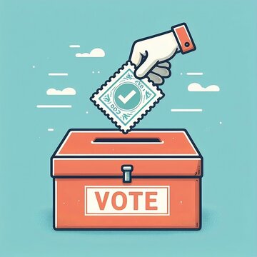 ballot box with a VOTE postage stamp going into the slot concept in a vector Illustration Background with space for copy , american presidential election or voting right concept generative ai