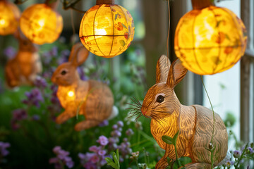 Obraz na płótnie Canvas Easter bunny paper lanterns window display with purple flowers