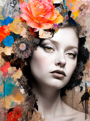 Surrealistic artistic portrait of a woman with flowers and butterflies