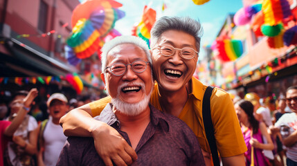 Asian older gay couple at a street festival in pride month