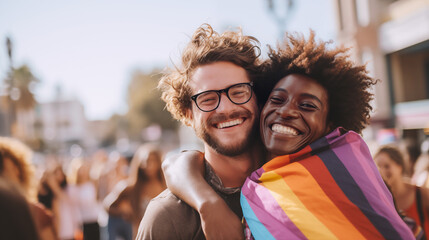 interracial couple hugging with a colorful flag at a street festival