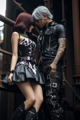 Fototapeta na wymiar Young asian couple embracing in trendy black leather outfits, relationship and style concept