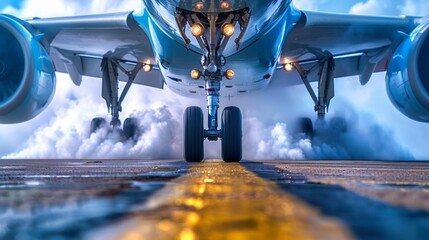 Jet airliner's nose gear and engines during touchdown with engine thrust reversal and smoke on a wet runway reflecting lights.

 - obrazy, fototapety, plakaty