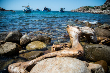 Fishermen boats, sea and rocks, Sardinia, Alghero, Italy