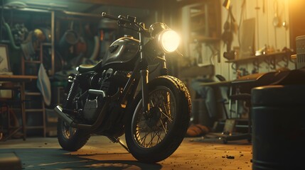Custom Bobber Motorbike Standing in an Authentic Creative Workshop. Vintage Style Motorcycle Under Warm Lamp Light in a Garage.