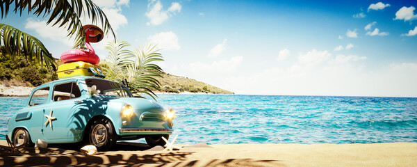 Summer travel concept. Blue car from with summer accessories on beautiful sand beach with copy...