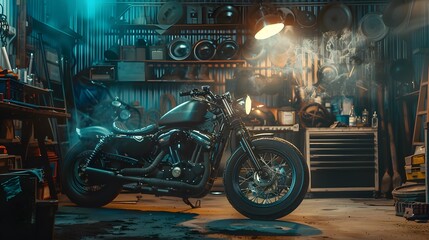 Custom Bobber Motorbike Standing in an Authentic Creative Workshop. Vintage Style Motorcycle Under Warm Lamp Light in a Garage.