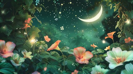 Obraz na płótnie Canvas Minimalist Anime Magical Garden Background with Oversized Flowers.
