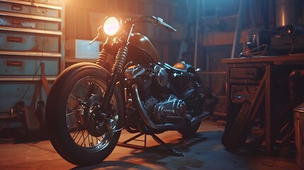 Custom Bobber Motorbike Standing in an Authentic Creative Workshop. Vintage Style Motorcycle Under...