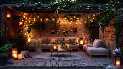 Terrace house with plants, wooden wall and table, comfortable sofa with pillows, flowers and lanterns. Cozy space in patio. Wooden verande with garden furniture. Modern lounge outdoors in backyard,