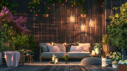 Terrace house with plants, wooden wall and table, comfortable sofa with pillows, flowers and lanterns. Cozy space in patio. Wooden verande with garden furniture. Modern lounge outdoors in backyard, - obrazy, fototapety, plakaty