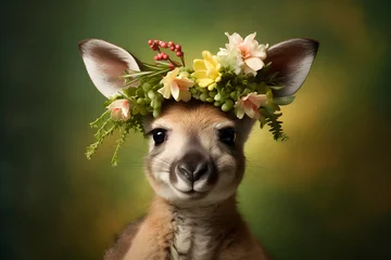 Rolgordijnen Baby kangaroo Wearing Flower Crown © svitlini