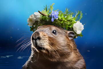 Beaver Wearing Flower Wreath