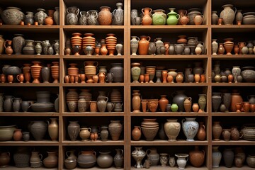 Intricate Pottery vases art shelves. Old pot. Generate Ai - obrazy, fototapety, plakaty