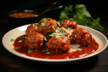 Fototapeta premium Serving bowl with white poultry meatballs sauce. Creamy dairy sauce with delicious chicken balls. Generate ai