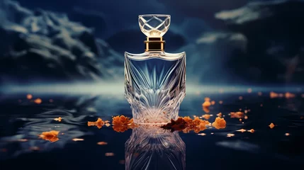 Fotobehang Perfume transparent bottle on pastel background, perfume display © ma