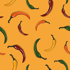 seamless pattern with chili pepper, in bright colors with a yellow background , print for clothes