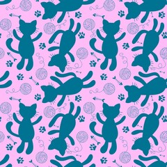 Cartoon animals accessories seamless cats and ball of threads and fish bones pattern for wrapping paper and fabrics