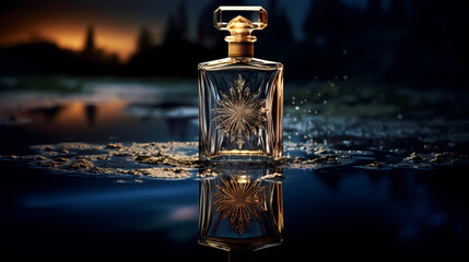 Obraz na płótnie Canvas Perfume transparent bottle on pastel background, perfume display