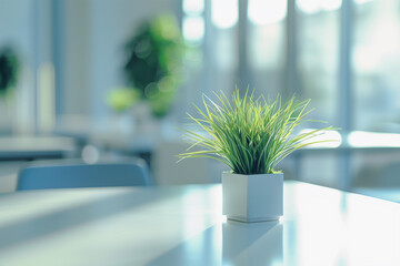 a potted plant on a table in front of a blurred background