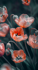 a close up of red, orange and blue tulips, in the style of light magenta