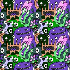 Obraz na płótnie Canvas Cartoon monsters seamless funny aliens and rabbit and cactus and flower pattern for wrapping paper and linens