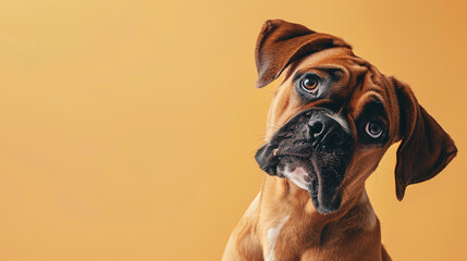 Adorable boxer dog with curious questioning face isolated on light orange background with copy space. Studio portrait photo.