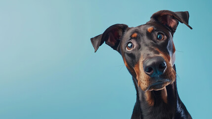 Adorable doberman pinscher dog with curious questioning face isolated on light pastel background with copy space. Studio portrait photo.