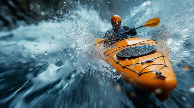 Kayaking down river with waterfall