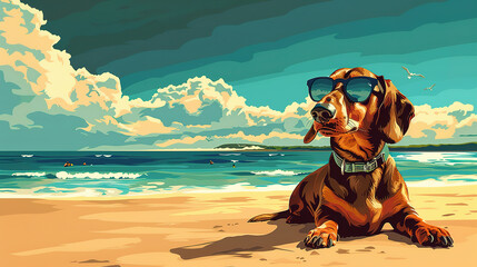 Cool looking dachshund dog at the beach. Comic style illustration.