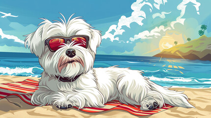 Cool looking maltese dog at the beach. Comic style illustration.