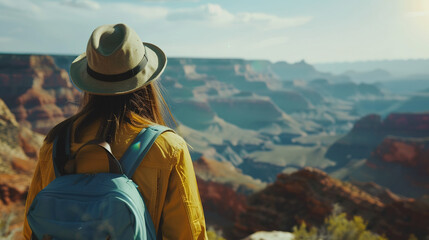 Back view of Tourist woman with hat and backpack on vacation at grand canyon national park. Digital illustration generative AI.