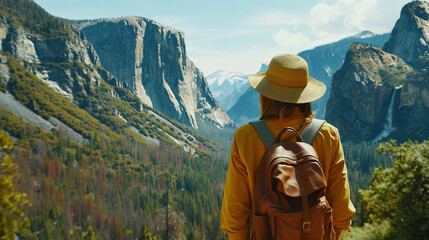 Fototapeta na wymiar Back view of Tourist woman with hat and backpack on vacation at yosemite national park.