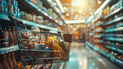 In the bustling aisles of a supermarket, a shopping cart brims with an assortment of food items.  - obrazy, fototapety, plakaty