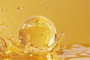 Oil Liquid Splashing in Sphere Bubble, Liquid splash ball, cosmetic serum oil, 3d rendering.