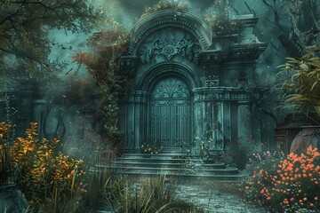 a mysterious entrance to a creepy building surrounded by trees and flowers. Ai Generated.
