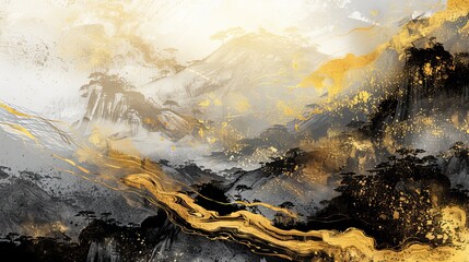 An abstract artistic background showcases a hand-painted Chinese-style landscape painting, evoking a sense of artistic conception and golden texture. 